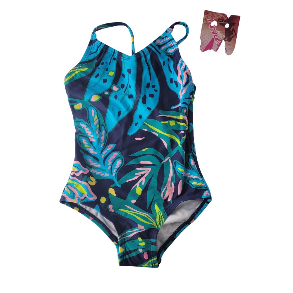Kanu Surf‎ Girls Tammy One Piece Swimsuit Navy Tropical Leaf Print Size 2T